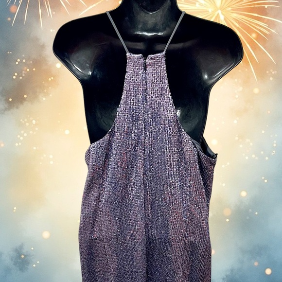 NWT Elegant Sexy Halston Sleeveless Silver Sequined Holiday Evening Midi Dress - Picture 2 of 7